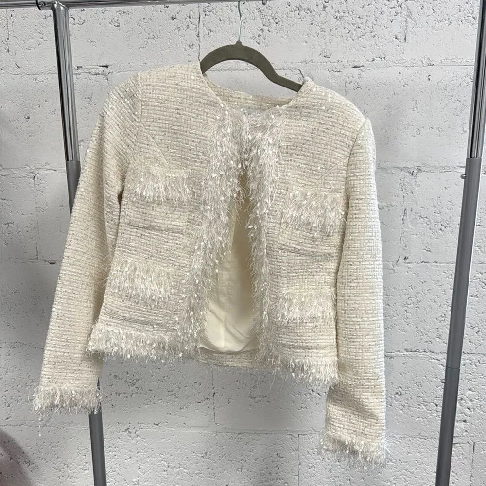 Chic Cream Tweed Jacket with Fringe - ENGLISH FACTORY - NWOT - Size Small